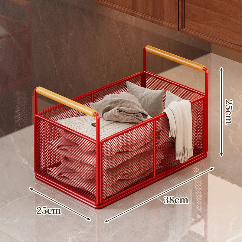 Storage Cart Open Mesh Wooden Handles With Swivel Casters