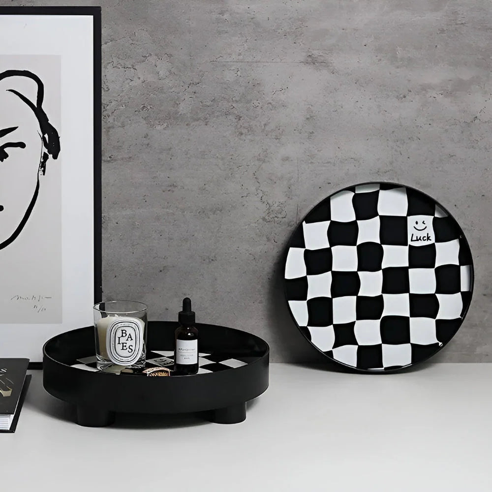 Storage Tray Round Plastic Checkerboard Pattern Countertop Organizer