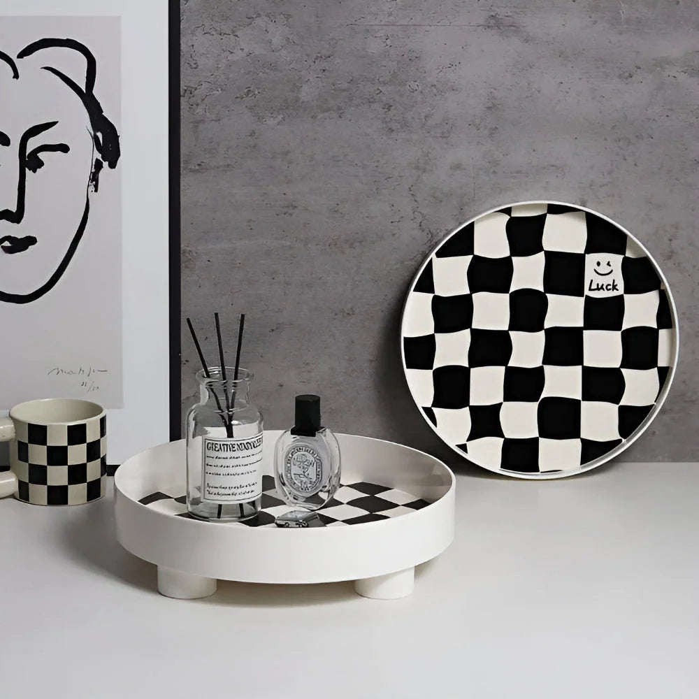 Storage Tray Round Plastic Checkerboard Pattern Countertop Organizer