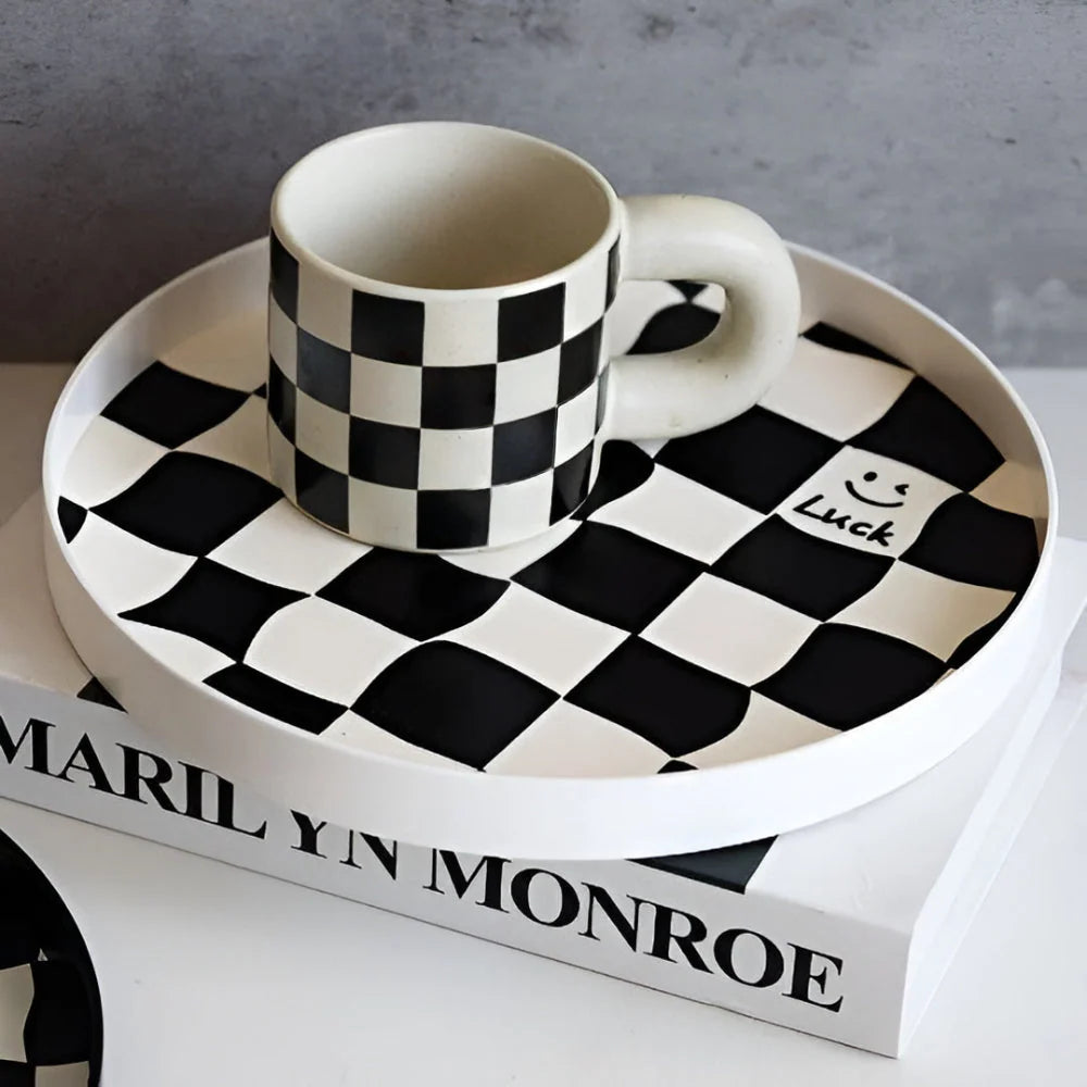 Storage Tray Round Plastic Checkerboard Pattern Countertop Organizer