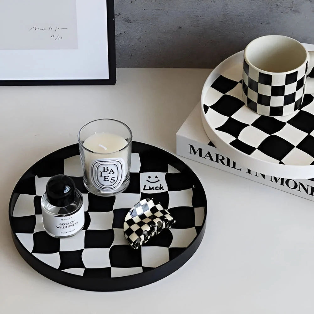 Storage Tray Round Plastic Checkerboard Pattern Countertop Organizer