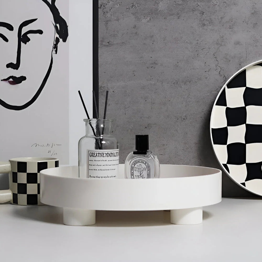 Storage Tray Round Plastic Checkerboard Pattern Countertop Organizer