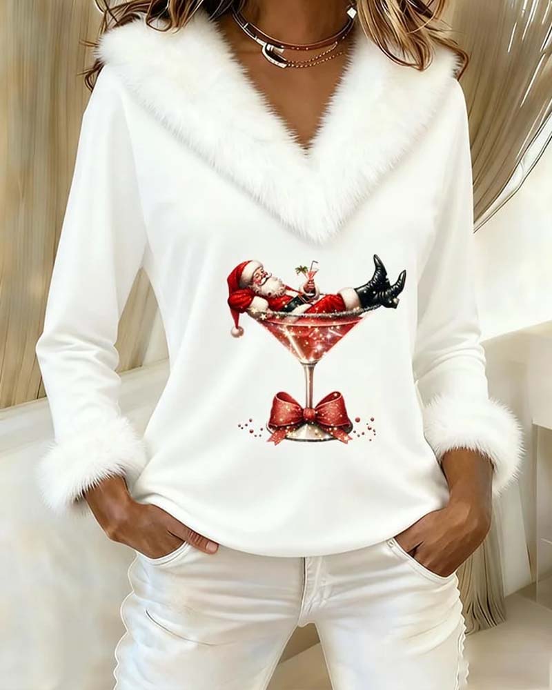 Sweater Christmas Print Plush Long Sleeve Relaxed Fit