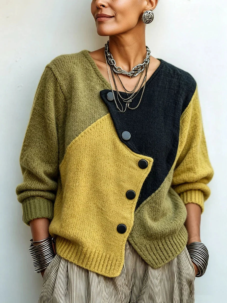 Sweater Color-Block Soft Knit Asymmetrical Button Closure