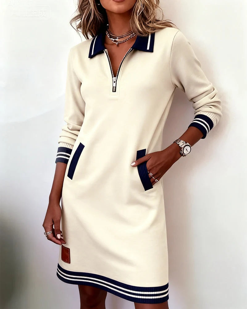 Sweatshirt Dress Quarter-Zip Polo Collar Front Pockets