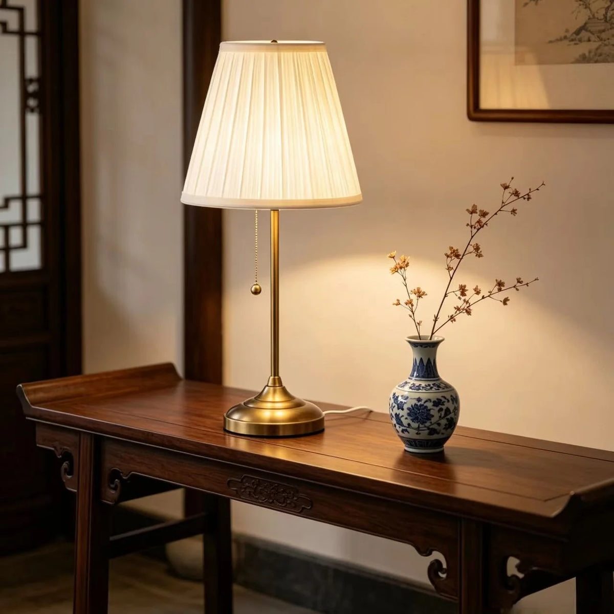 Table Lamp Pleated Shade Pull Chain Switch Weighted Base