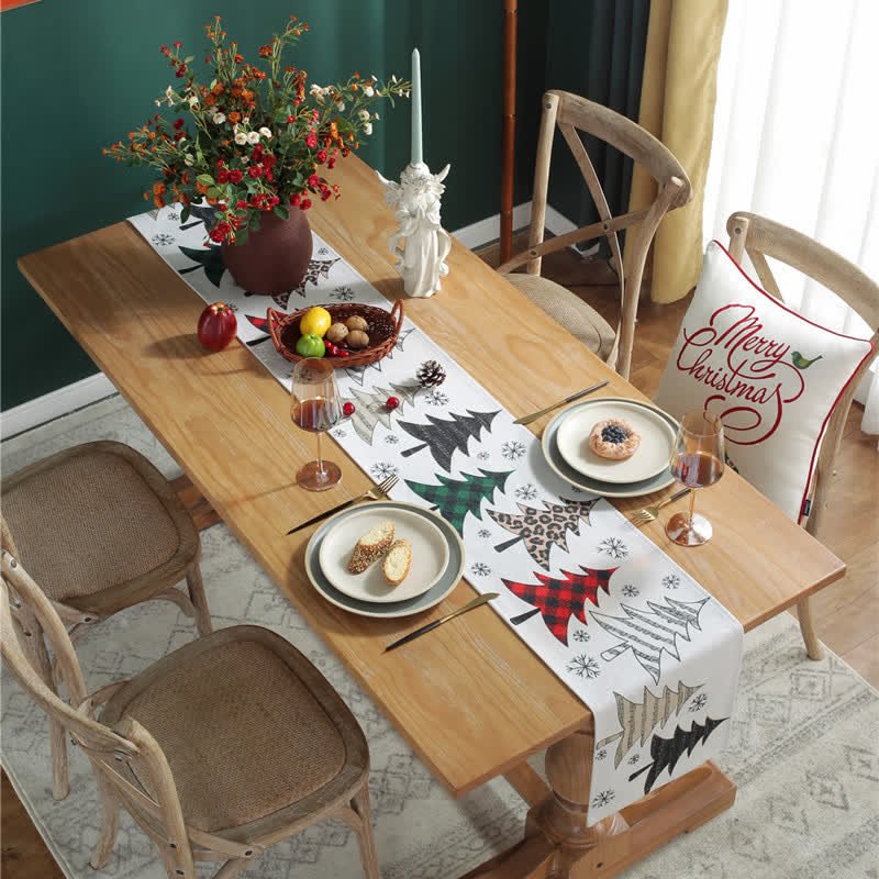 Table Runner Embroidered Christmas Trees & Snowflakes Wrinkle-Resistant Fabric
