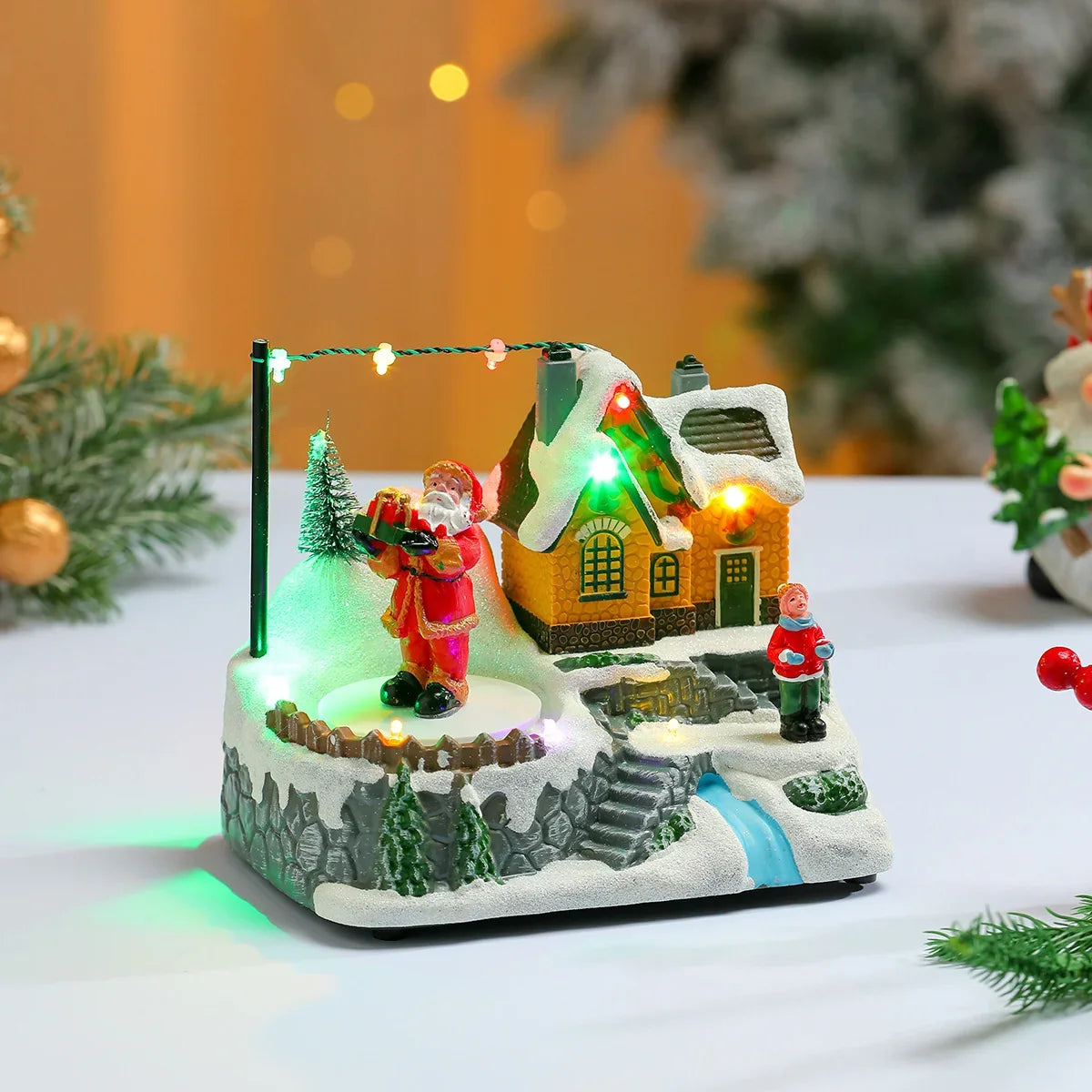 Tabletop Christmas Cottage LED Rotating Plug-In