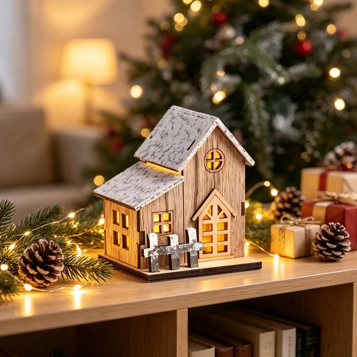 Tabletop Christmas House Illuminated Snow-Effect Durable Wood