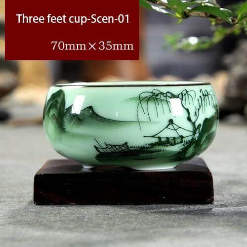 Tea Cup Hand-Painted Celadon Porcelain 2.4 Oz Capacity