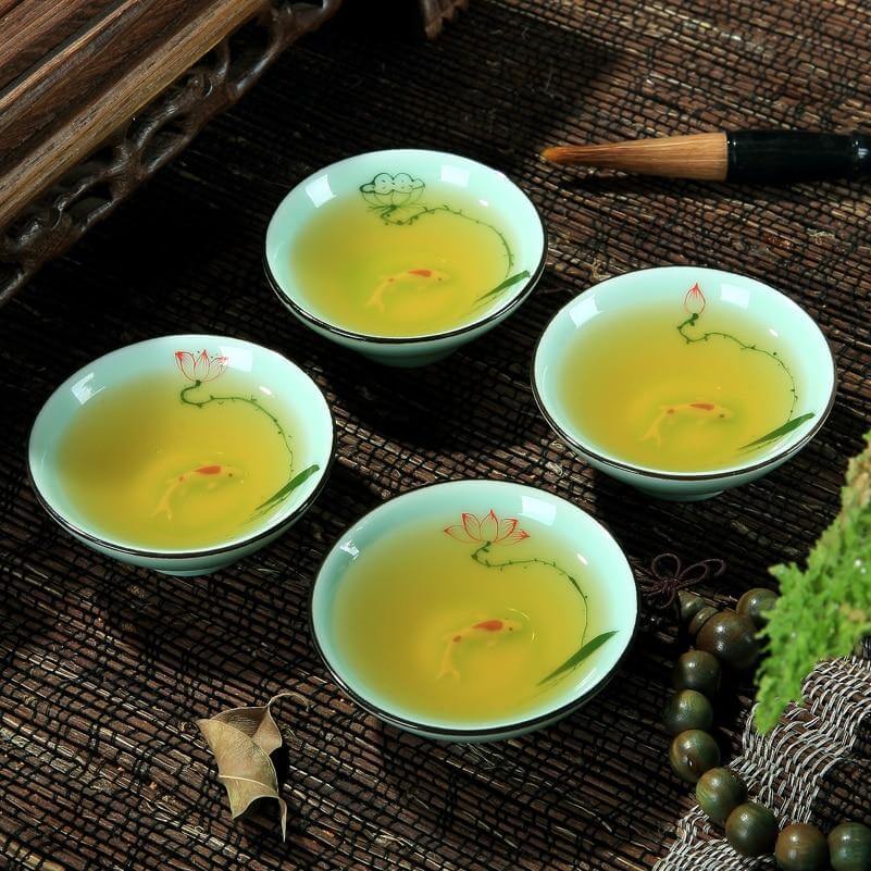 Tea Cup Hand-Painted Celadon Porcelain 2.4 Oz Capacity