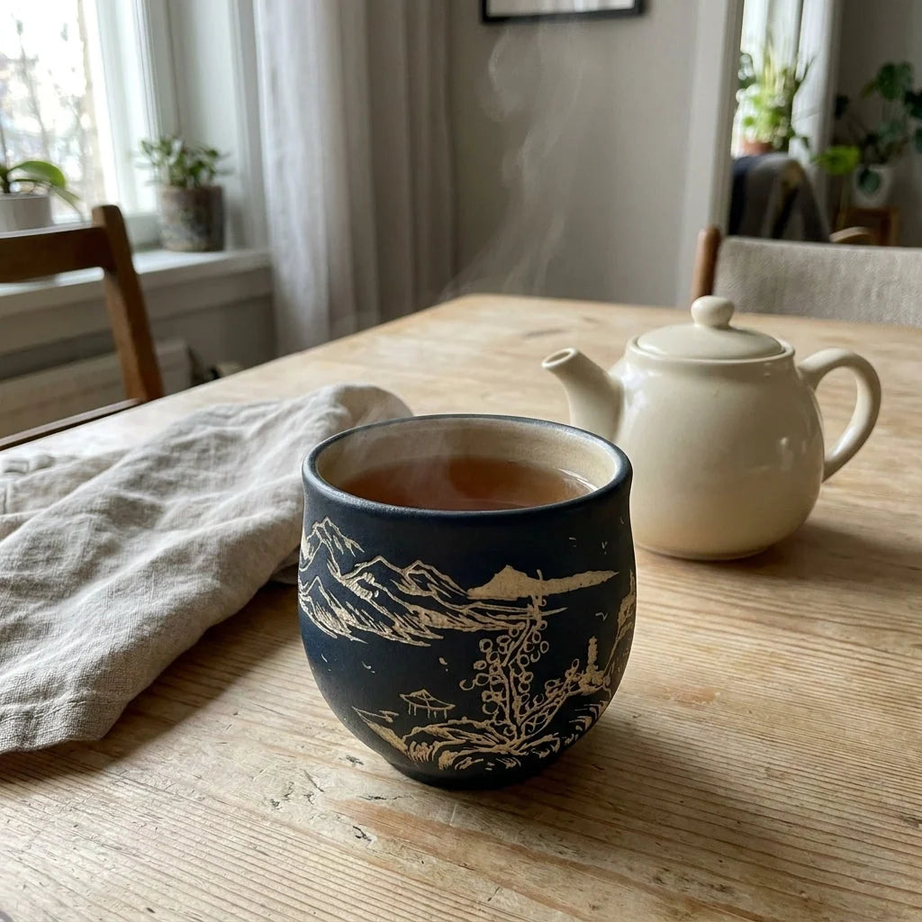 Tea Cup Purple Clay Engraved Landscape 4.1 Oz