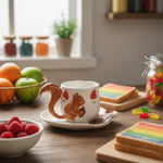 Tea Cup and Saucer Set Sculpted Squirrel Design Ceramic