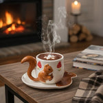 Tea Cup and Saucer Set Sculpted Squirrel Design Ceramic