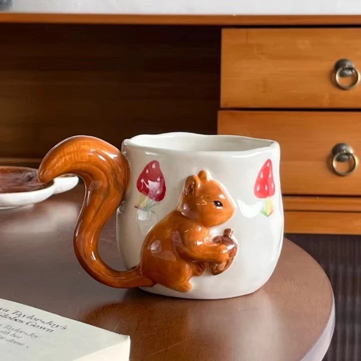 Tea Cup and Saucer Set Sculpted Squirrel Design Ceramic