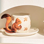 Tea Cup and Saucer Set Sculpted Squirrel Design Ceramic