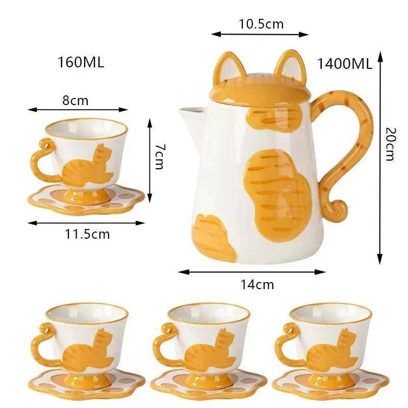 Tea Set Ceramic Cat Design Set of 5