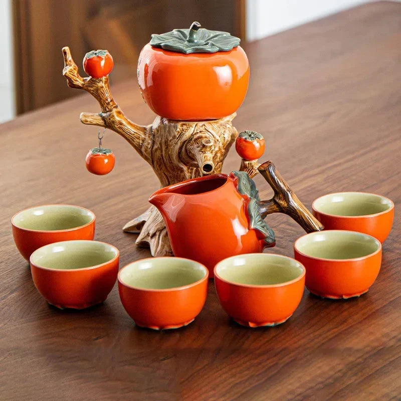 Tea Set Ceramic Pumpkin Tree Design Six Cups