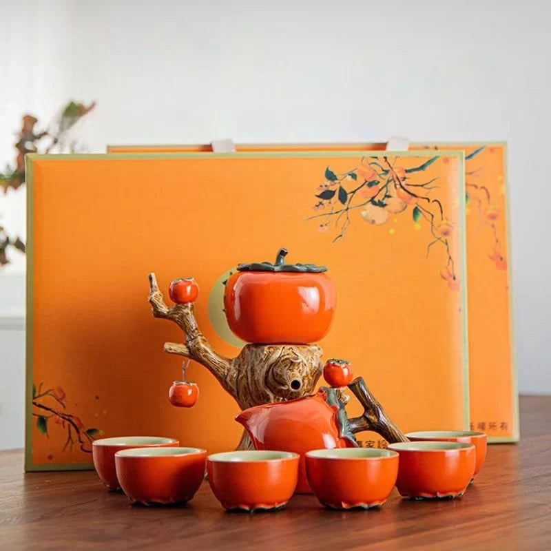 Tea Set Ceramic Pumpkin Tree Design Six Cups