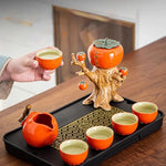 Tea Set Ceramic Pumpkin Tree Design Six Cups