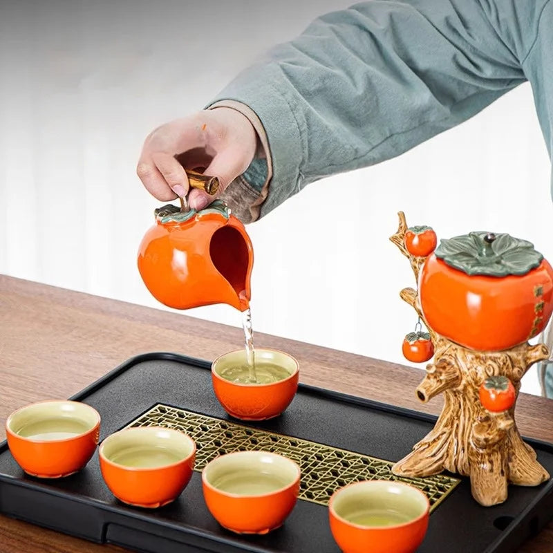 Tea Set Ceramic Pumpkin Tree Design Six Cups