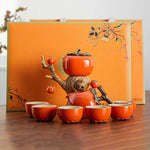 Tea Set Ceramic Pumpkin Tree Design Six Cups