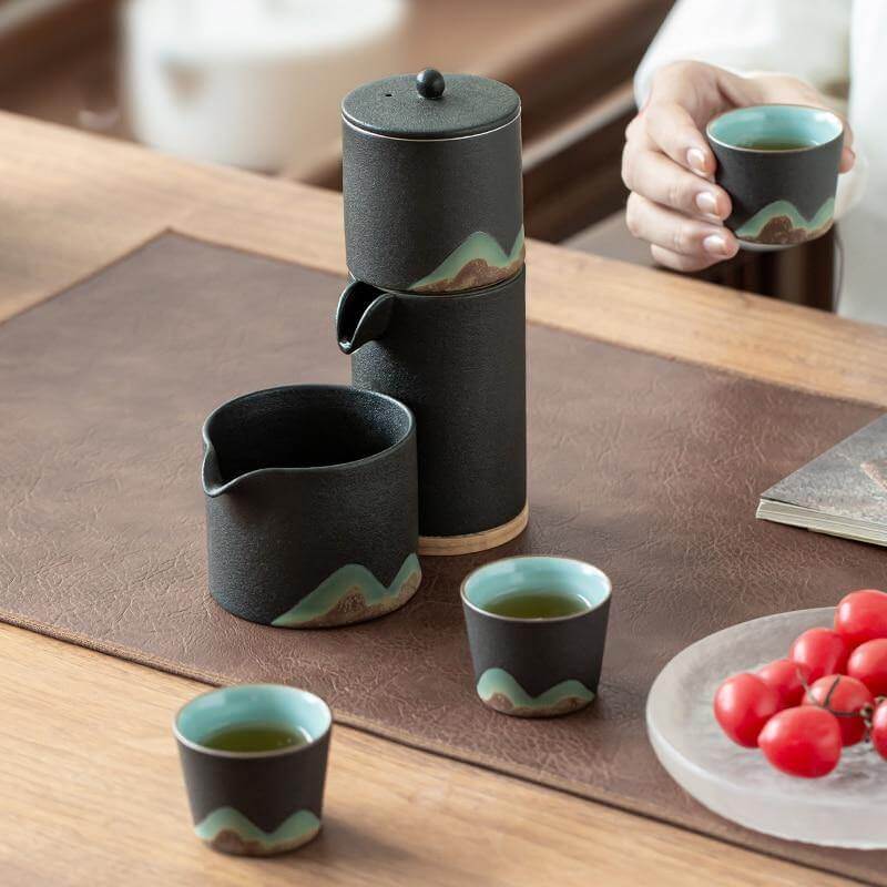 Tea Set Pottery Mountain Design Metal Filter Set of 5