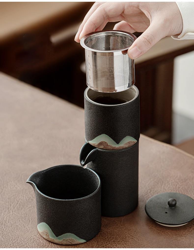 Tea Set Pottery Mountain Design Metal Filter Set of 5