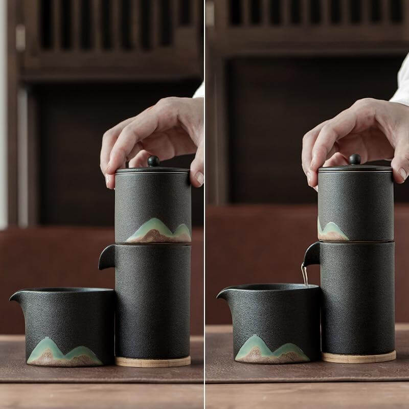 Tea Set Pottery Mountain Design Metal Filter Set of 5