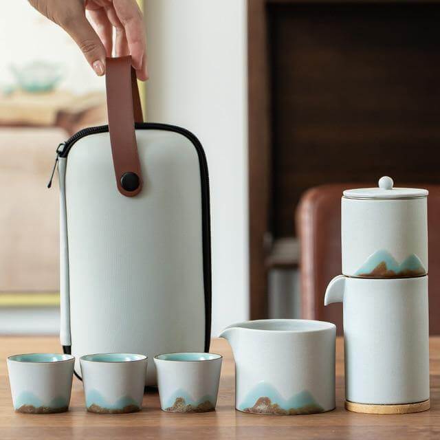 Tea Set Pottery Mountain Design Metal Filter Set of 5