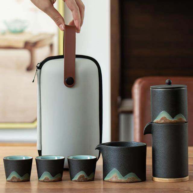 Tea Set Pottery Mountain Design Metal Filter Set of 5