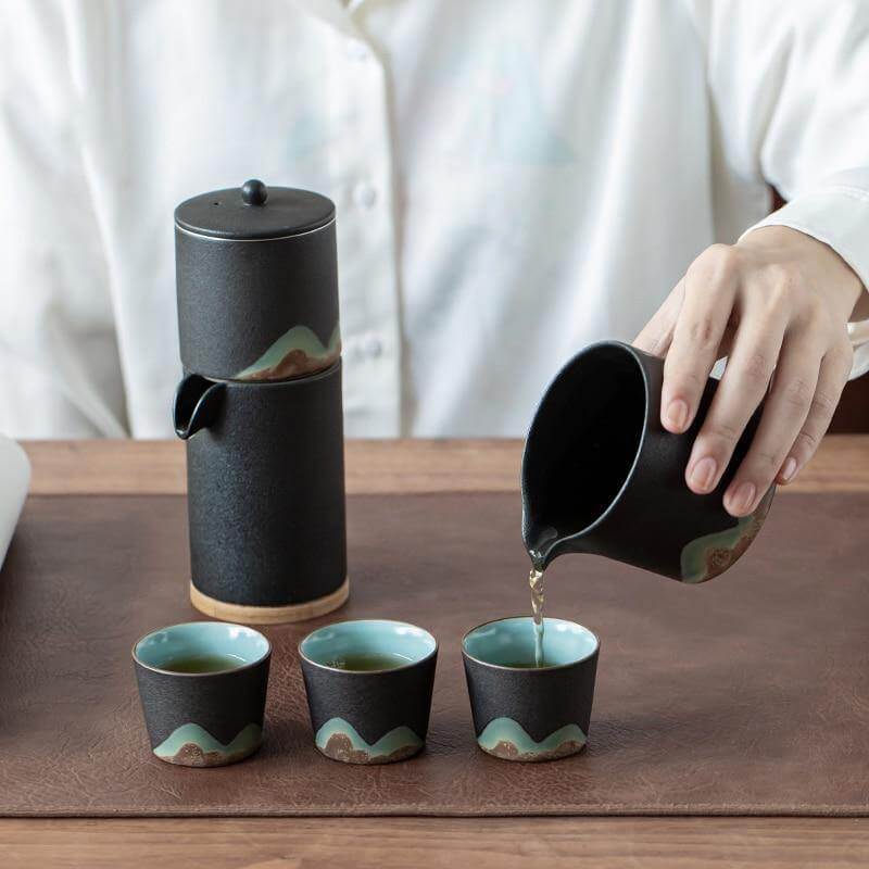 Tea Set Pottery Mountain Design Metal Filter Set of 5