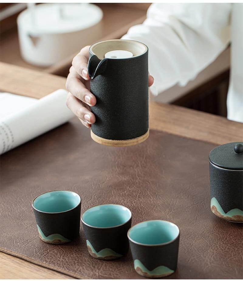 Tea Set Pottery Mountain Design Metal Filter Set of 5
