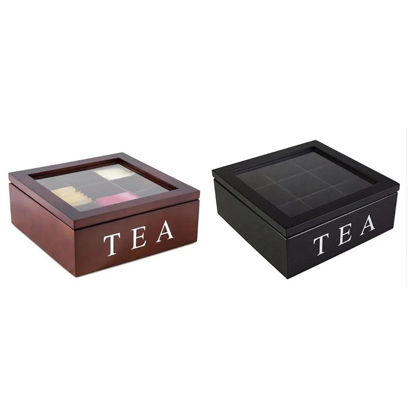 Tea Storage Box Wood 9 Compartments Dust-Protective Lid