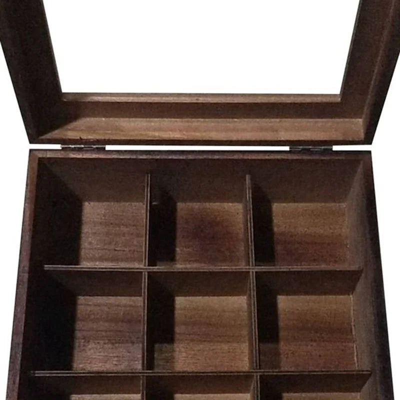 Tea Storage Box Wood 9 Compartments Dust-Protective Lid