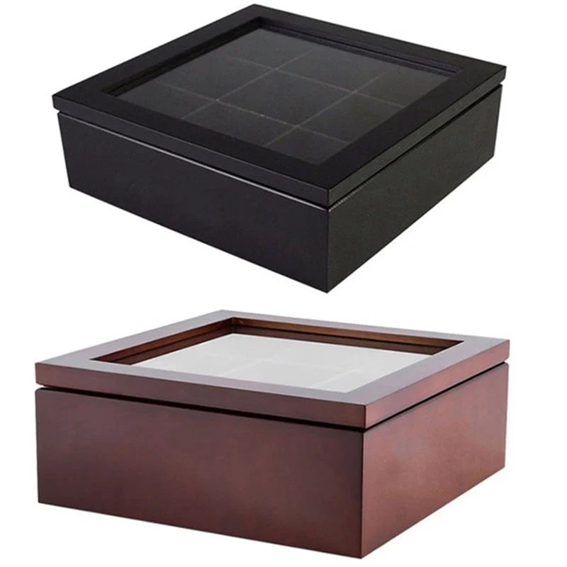 Tea Storage Box Wooden 9 Compartments Skylight Lid
