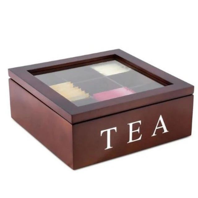 Tea Storage Box Wooden 9 Compartments Skylight Lid