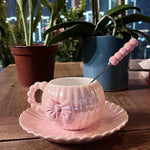 Teacup Ribbed Porcelain Pastel Bowknot 13.5 Oz