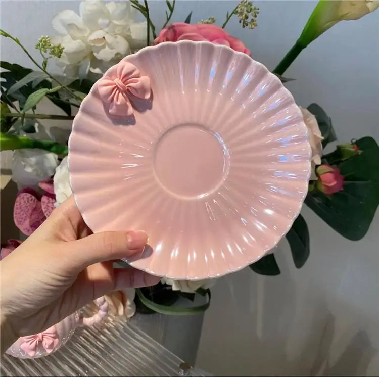 Teacup Ribbed Porcelain Pastel Bowknot 13.5 Oz