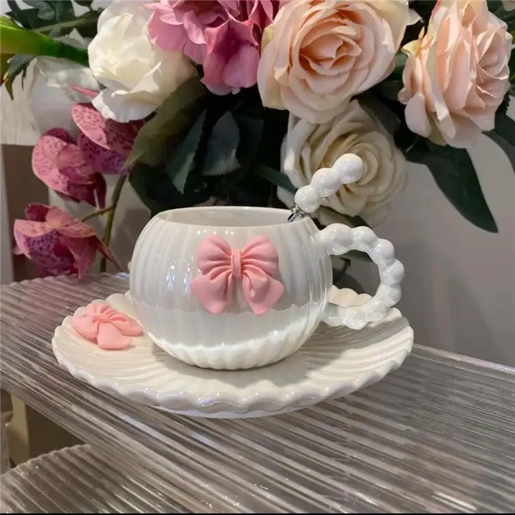 Teacup Ribbed Porcelain Pastel Bowknot 13.5 Oz