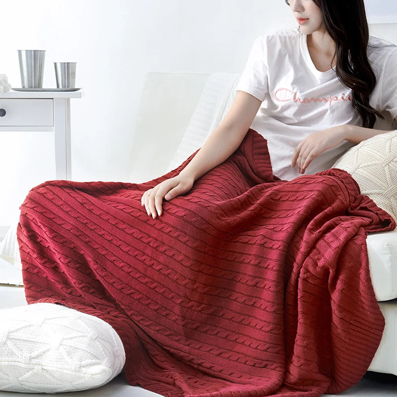 Throw Blanket Cable-Knit Design Machine-Washable Soft Yarn