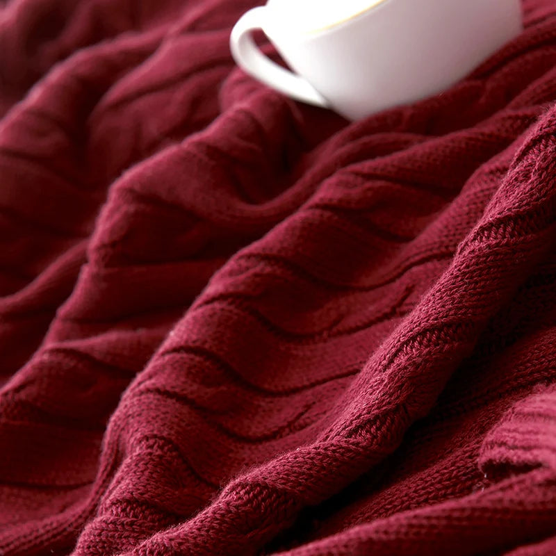 Throw Blanket Cable-Knit Design Machine-Washable Soft Yarn