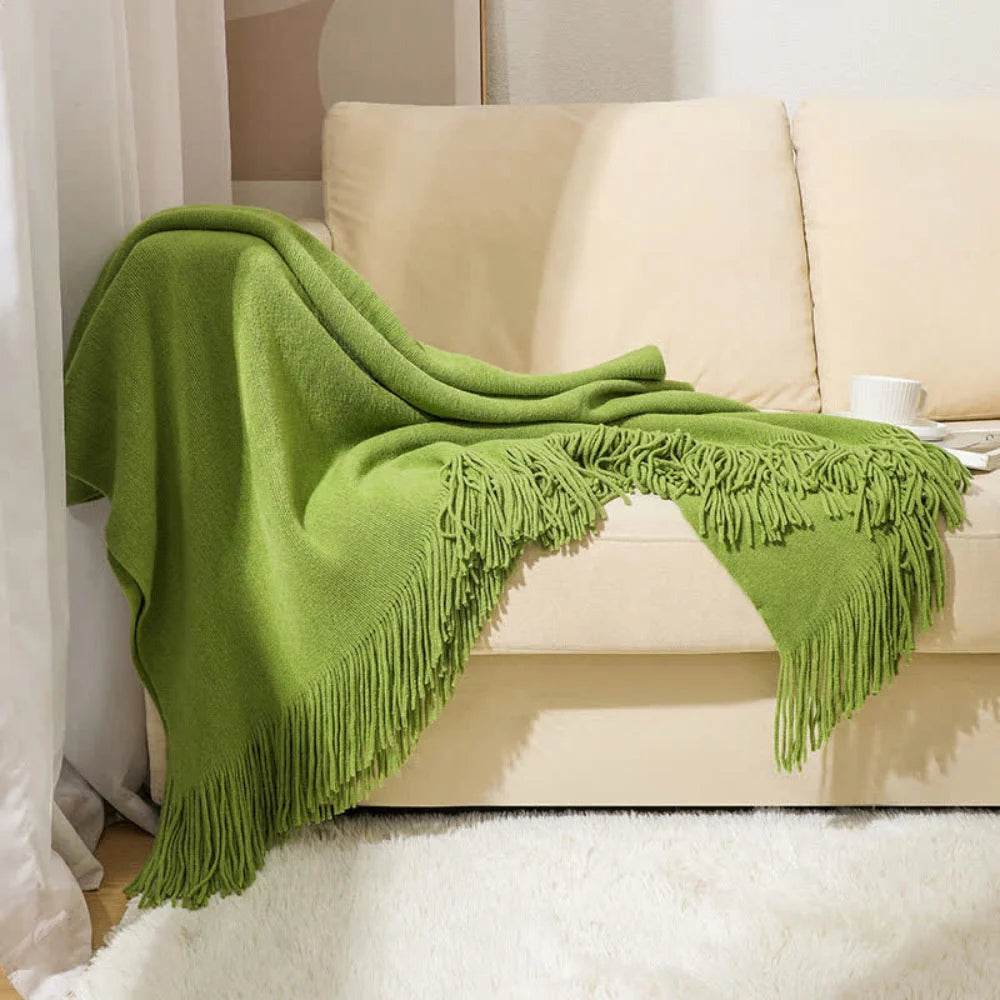 Throw Blanket Chunky Knit Acrylic with Fringe
