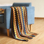 Throw Blanket Hand-Knitted Chevron Pattern With Fringed Edges