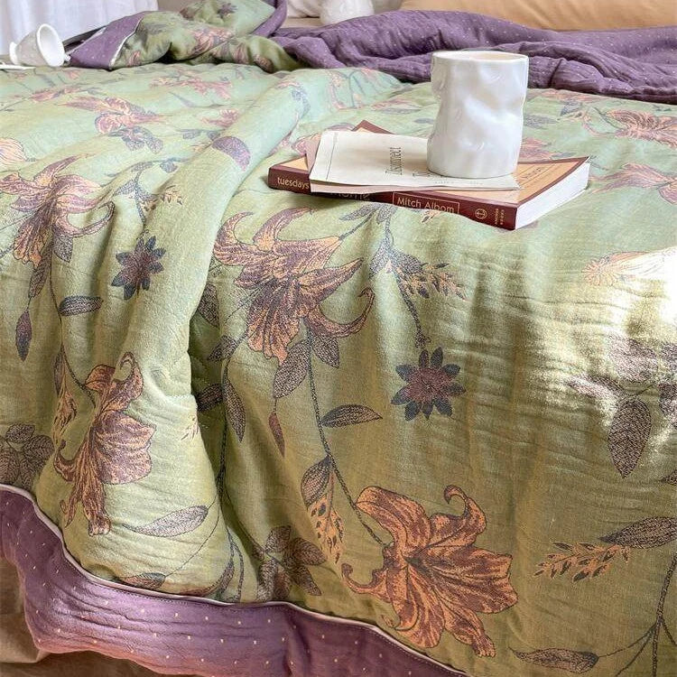 Throw Blanket Lightweight Quilted Cotton-Linen Floral Jacquard