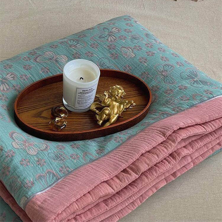 Throw Blanket Lightweight Quilted Cotton-Linen Floral Jacquard