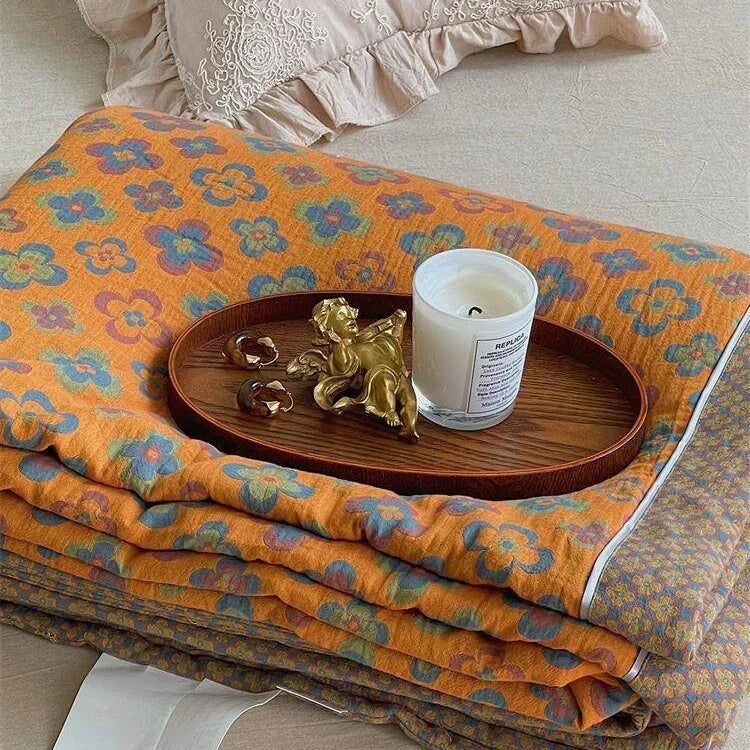 Throw Blanket Lightweight Quilted Cotton-Linen Floral Jacquard