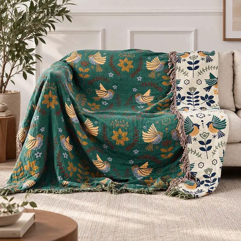 Throw Blanket Reversible Cotton Bird Motif Machine Washable