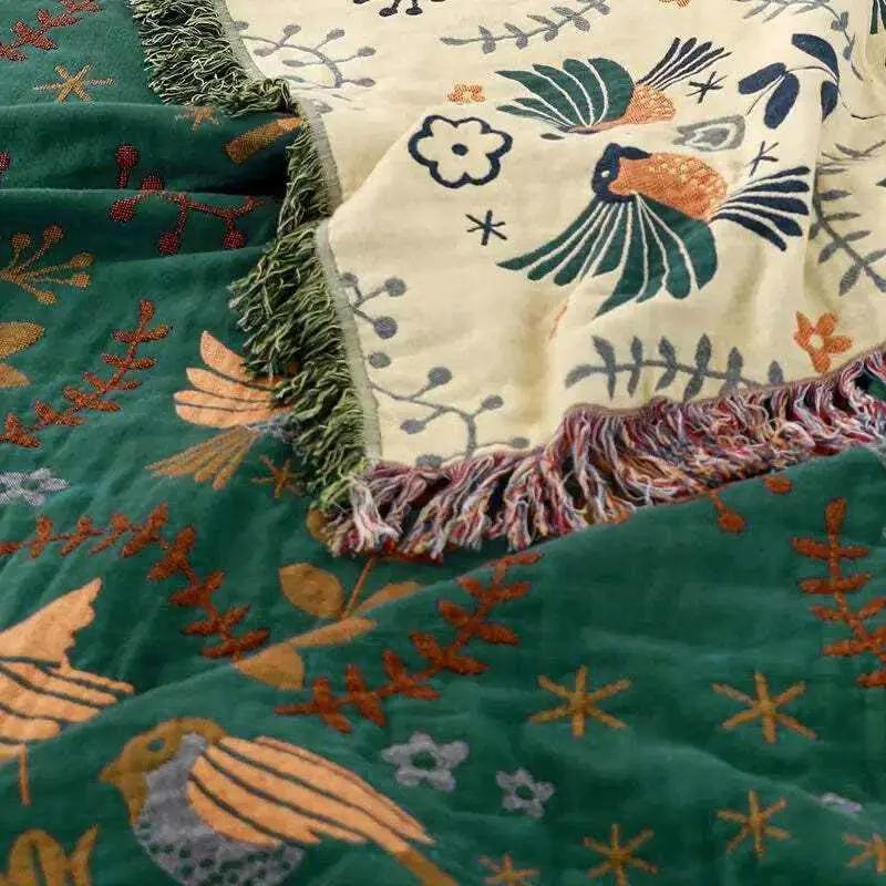 Throw Blanket Reversible Cotton Bird Motif Machine Washable