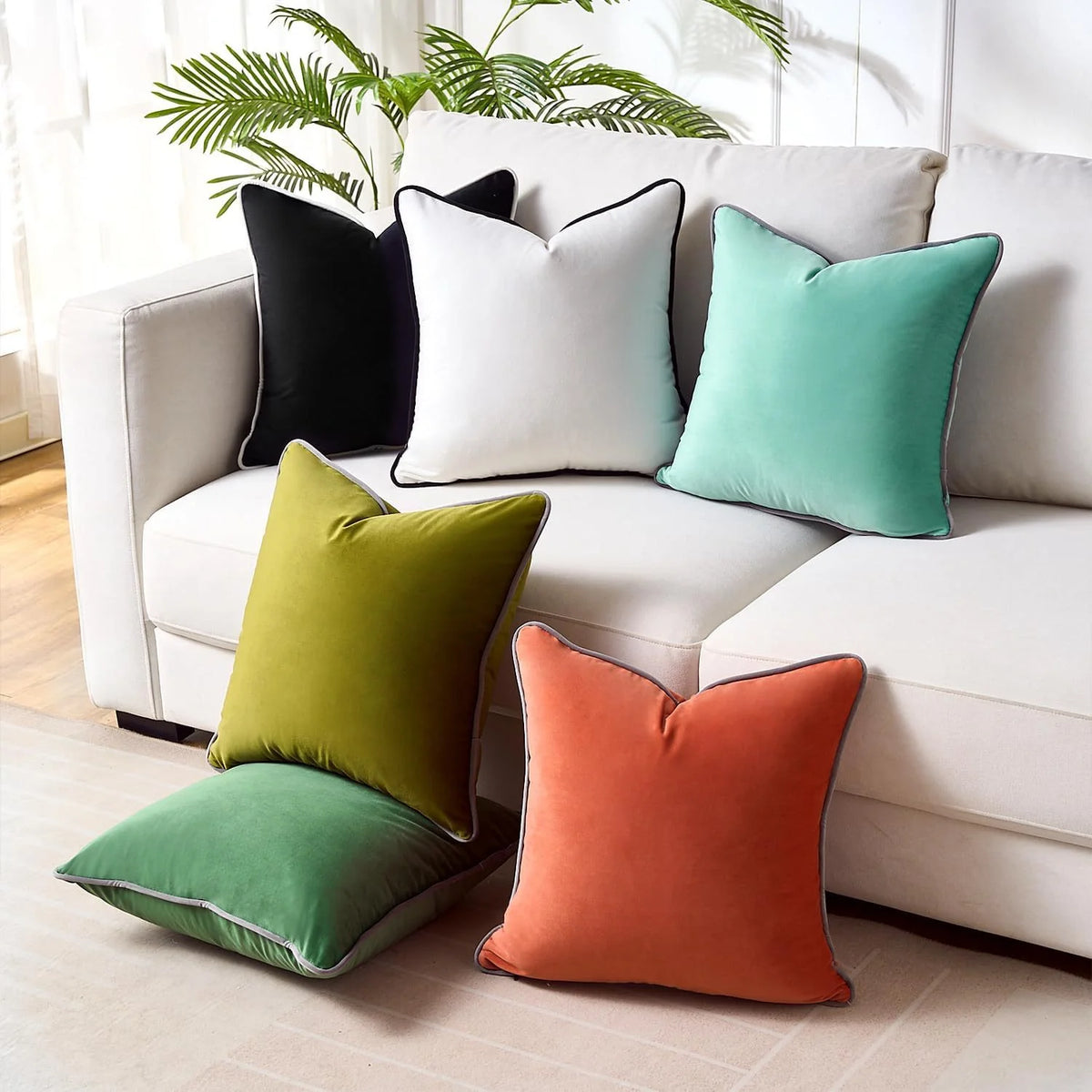 Throw Cushion Velvet Contrast Piping Removable Cover
